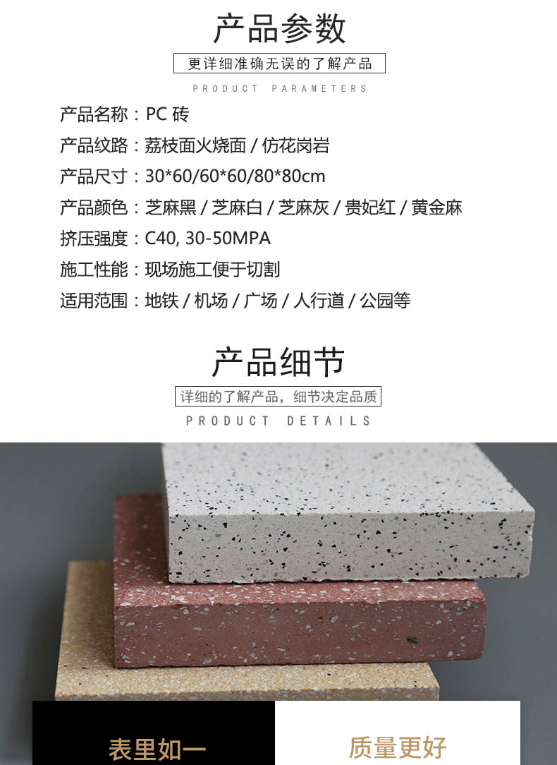 火烧面50公分厚通体pc砖 仿花岗岩陶瓷芝麻灰PC砖 混凝土仿石PC砖